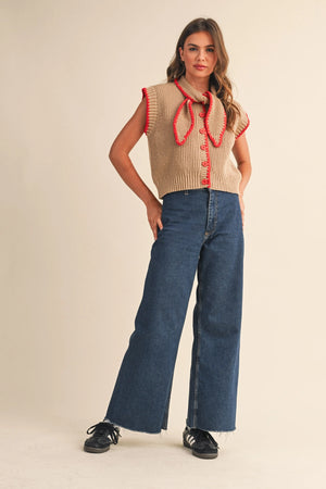 Red Tie Neck Sweater Vest with Contrast Blanket Stitch
