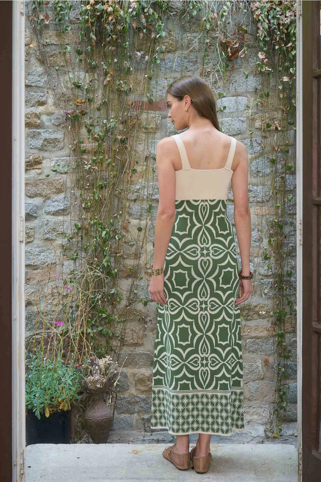 Moon River | Green Geo Print Square Neck Fitted Midi