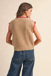 Red Tie Neck Sweater Vest with Contrast Blanket Stitch