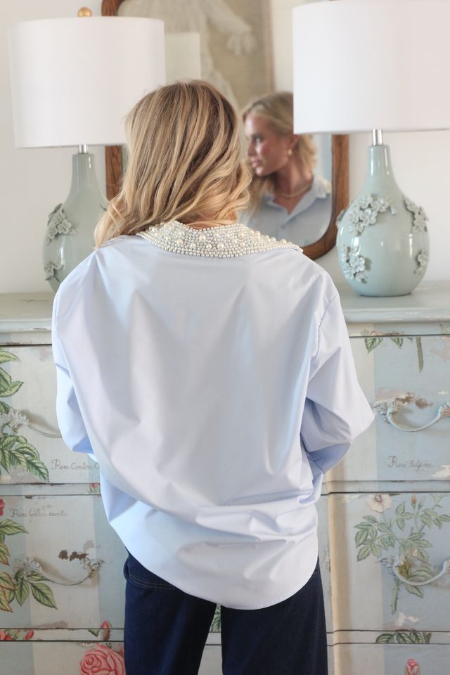 Karlie | Blue Pearl Collar Poplin Top