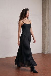 Black Heavy Woven + Chiffon Mixed Asymmetical Maxi