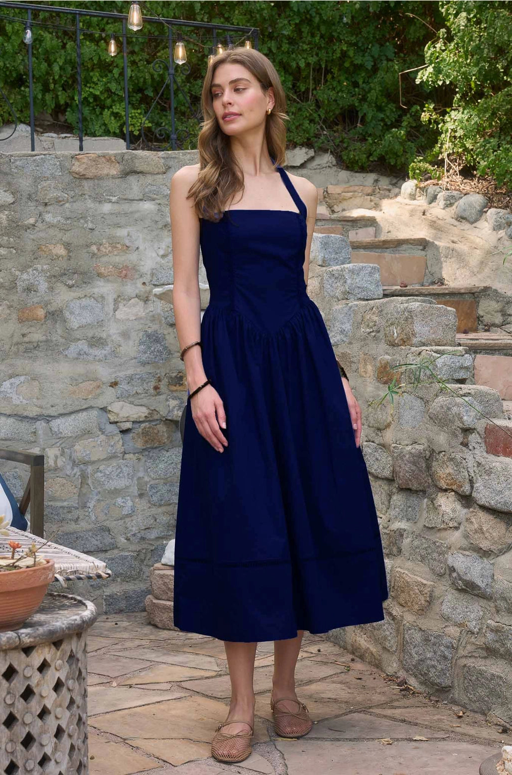 Moon River | Navy Halter Neck Basque Midi Dress