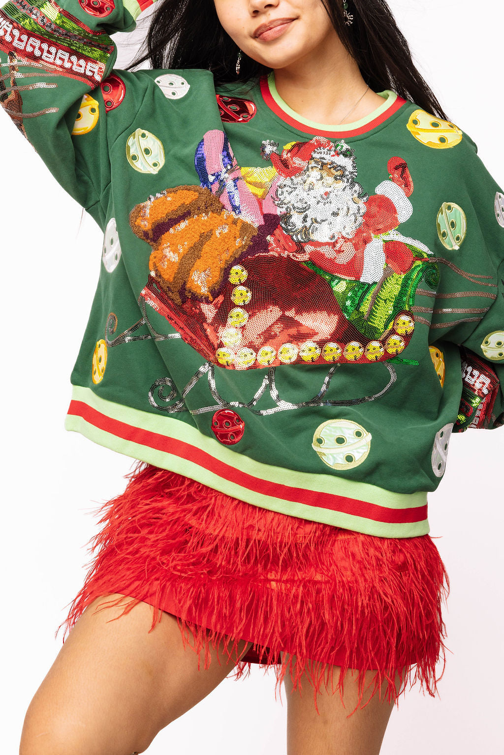 Queen of Sparkles Dark Green Vintage Jingle Bell Santa Sweatshirt