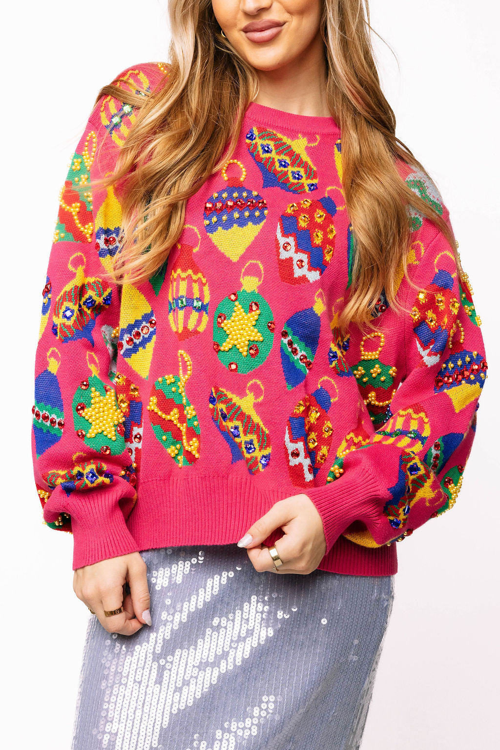 Queen of Sparkles Hot Pink Multi Jewel Ornament Sweater