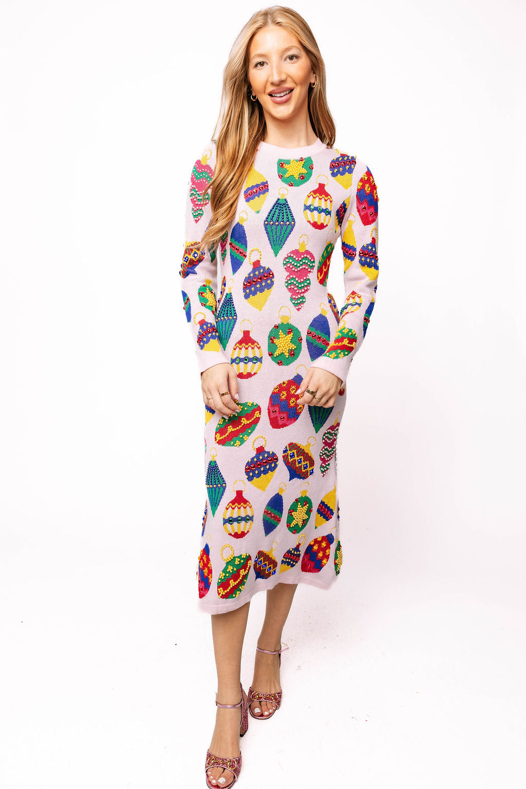 Queen of Sparkles Light Pink Multi Jeweled Ornaments Knit Midi Dress