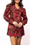Queen of Sparkles Red Plaid Poinsettia Oversized Collar Puff Sleeve Dress