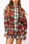 Queen of Sparkles Plaid Poinsettia Cotton Button Up Top