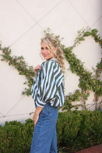 Karlie | Blue Stripe Collar Bubble 3/4 Sleeve Top