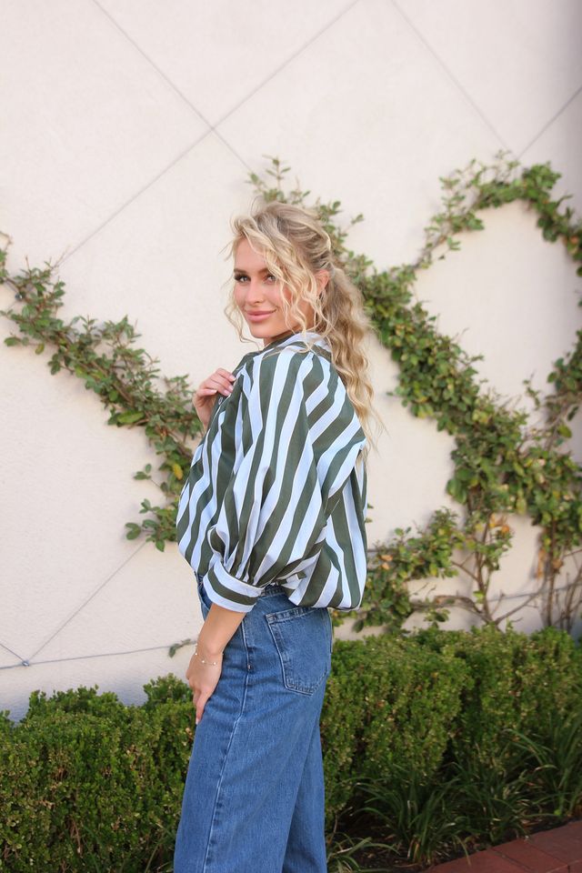 Karlie | Blue Stripe Collar Bubble 3/4 Sleeve Top