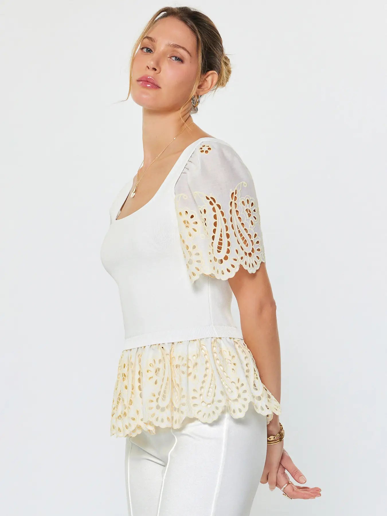 Current Air Eyelet Woven Combo Sweater Top