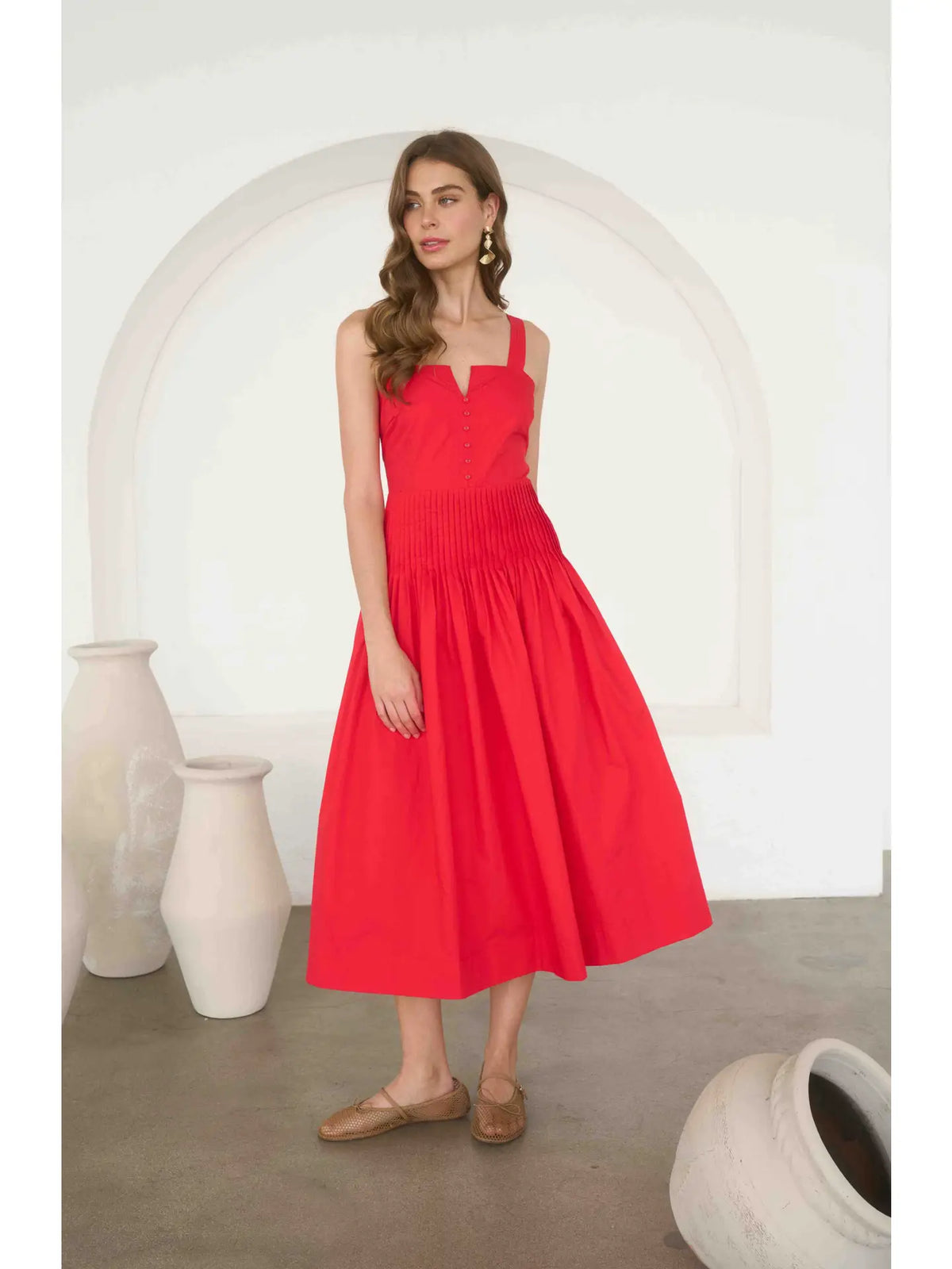 Moon River | Red Pleated Midi Dress