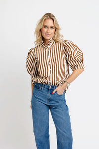 Karlie | Brown Stripe Ruffle Neck Buttondown