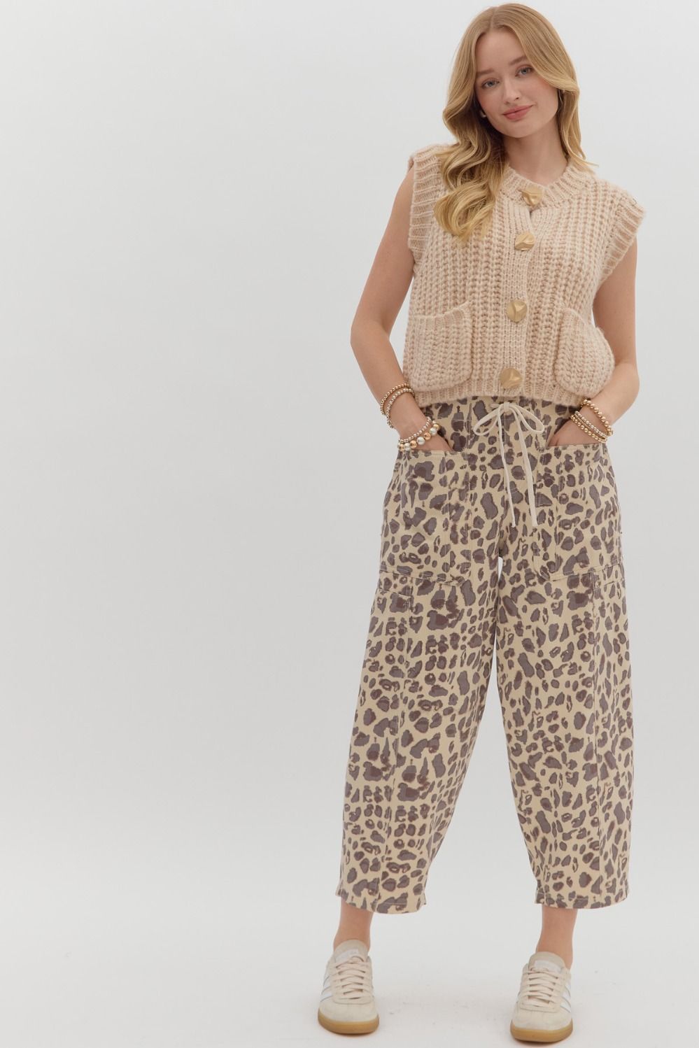 Ecru Leopard Mid Rise Balloon Pants (1 LARGE)