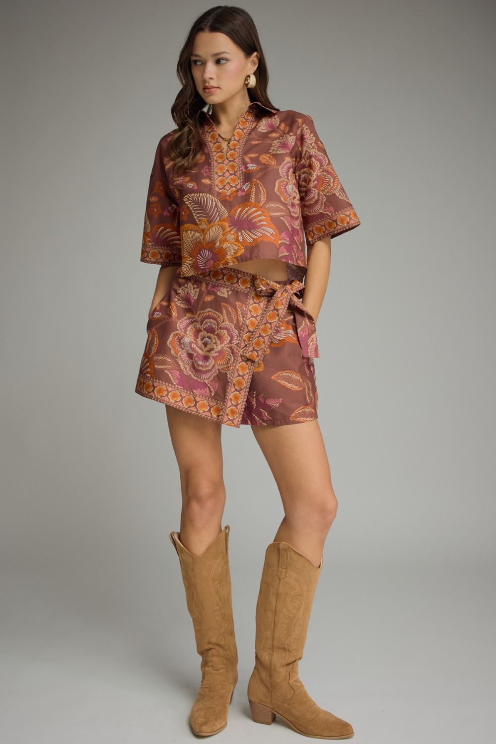 Terra Cotta Printed Floral Wrap Skort Set