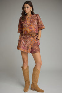 Terra Cotta Printed Floral Wrap Skort Set