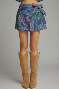 Indigo Printed Floral Wrap Skort Set