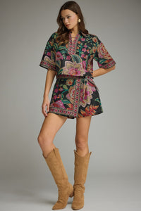 Black Printed Floral Wrap Skort Set