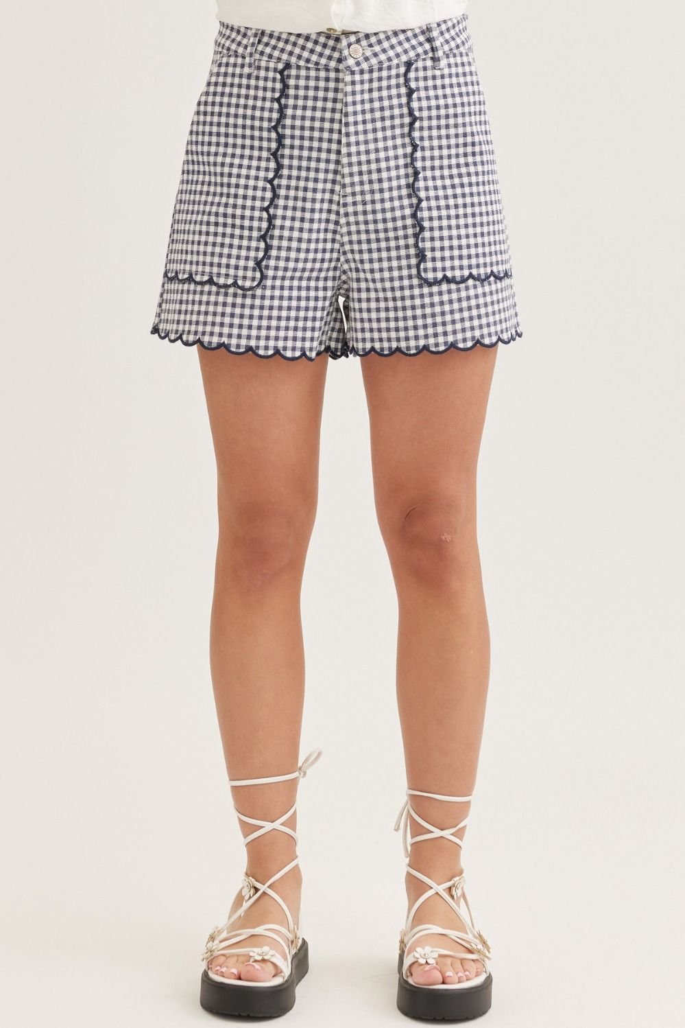 Navy High Waisted Gingham Shorts