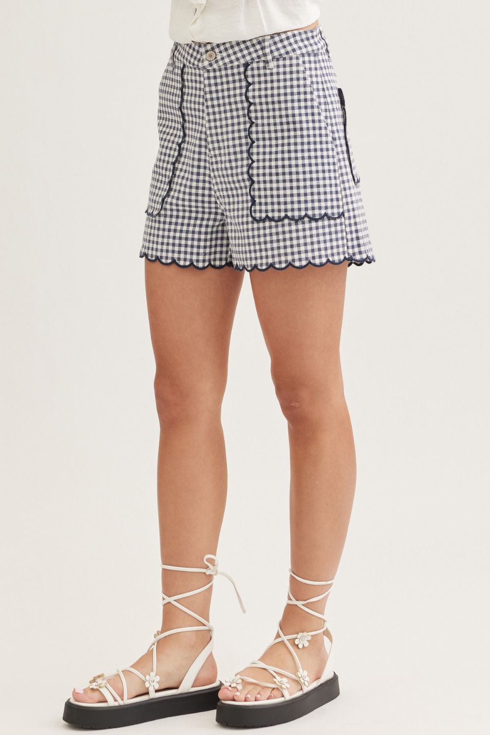 Navy High Waisted Gingham Shorts