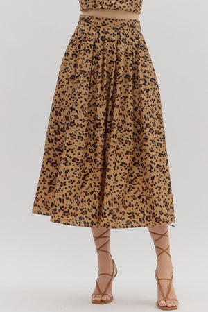 Camel Leopard Pleated Midi Skirt