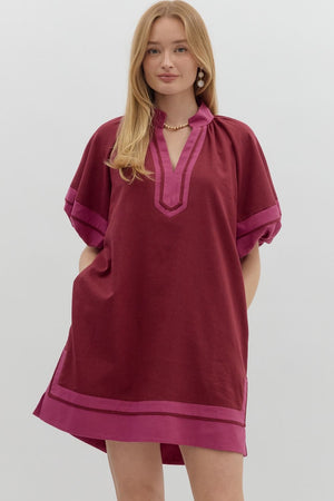 Burgundy Solid Contrast Puff Sleeve Dress (1 SMALL)