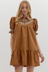 Caramel Embroidered Smocked Puff Sleeve Dress (1 SMALL)