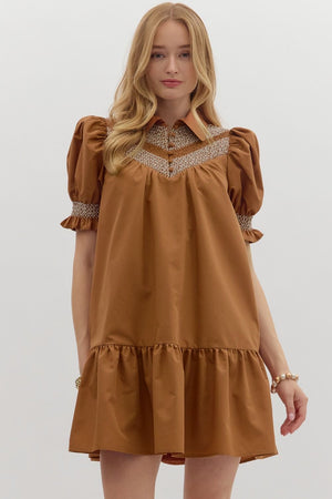 Caramel Embroidered Smocked Puff Sleeve Dress (1 SMALL)