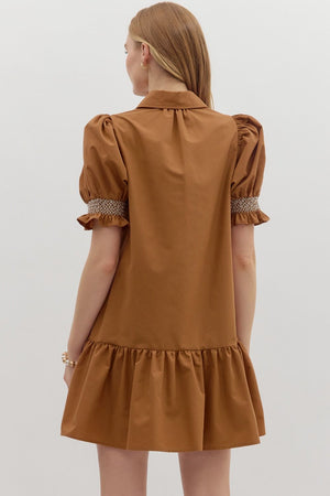 Caramel Embroidered Smocked Puff Sleeve Dress (1 SMALL)