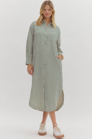 Hunter Green Stripe Button Down Midi Dress