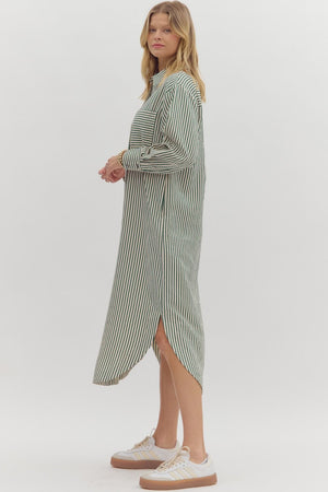 Hunter Green Stripe Button Down Midi Dress