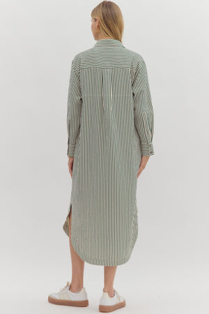 Hunter Green Stripe Button Down Midi Dress