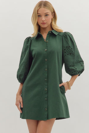 Green Eyelet Sleeve Detail Button Down Mini Dress