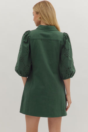 Green Eyelet Sleeve Detail Button Down Mini Dress