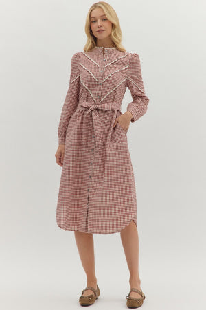 Burgundy Gingham Scallop Trim Midi Dress
