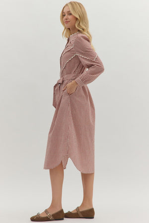 Burgundy Gingham Scallop Trim Midi Dress