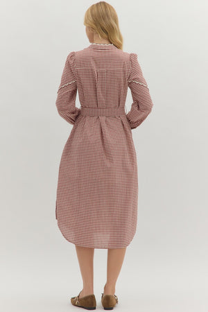 Burgundy Gingham Scallop Trim Midi Dress