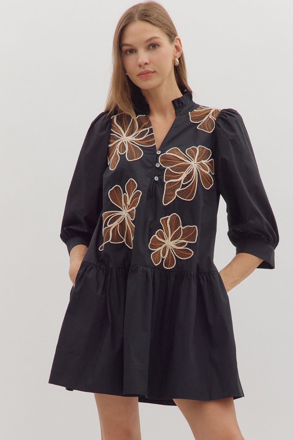 Black Floral Embroidered Mini Dress