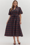 Navy Plaid Tie Waist Midi Dress