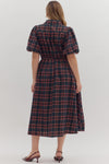 Navy Plaid Tie Waist Midi Dress