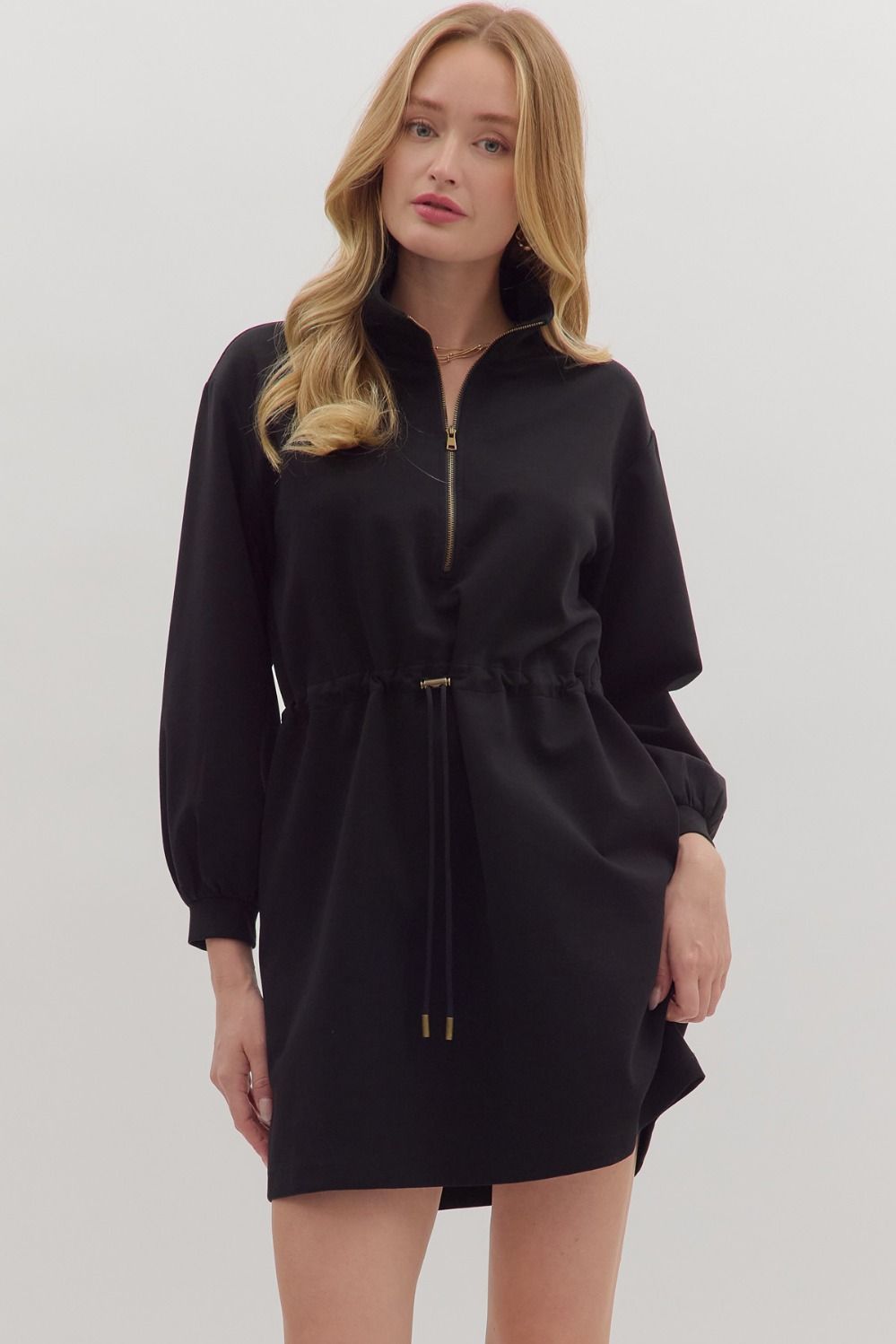 Black Zip Up Cinch Waist Dress
