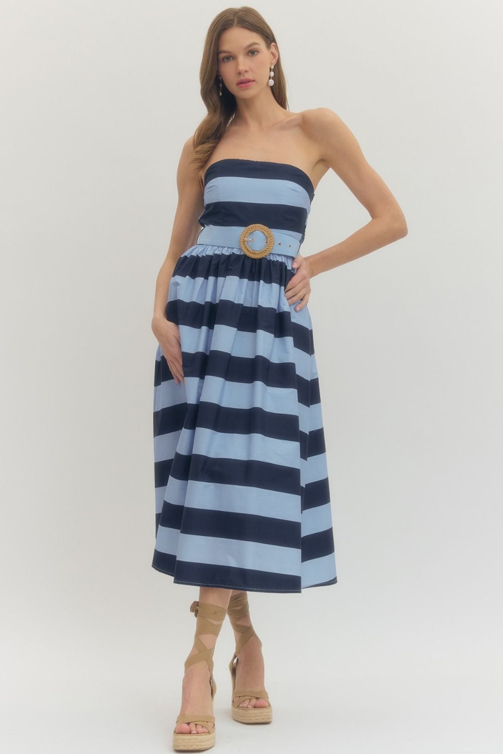 Navy Stripe Strapless Dress w/ Belt