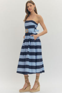 Navy Stripe Strapless Dress w/ Belt