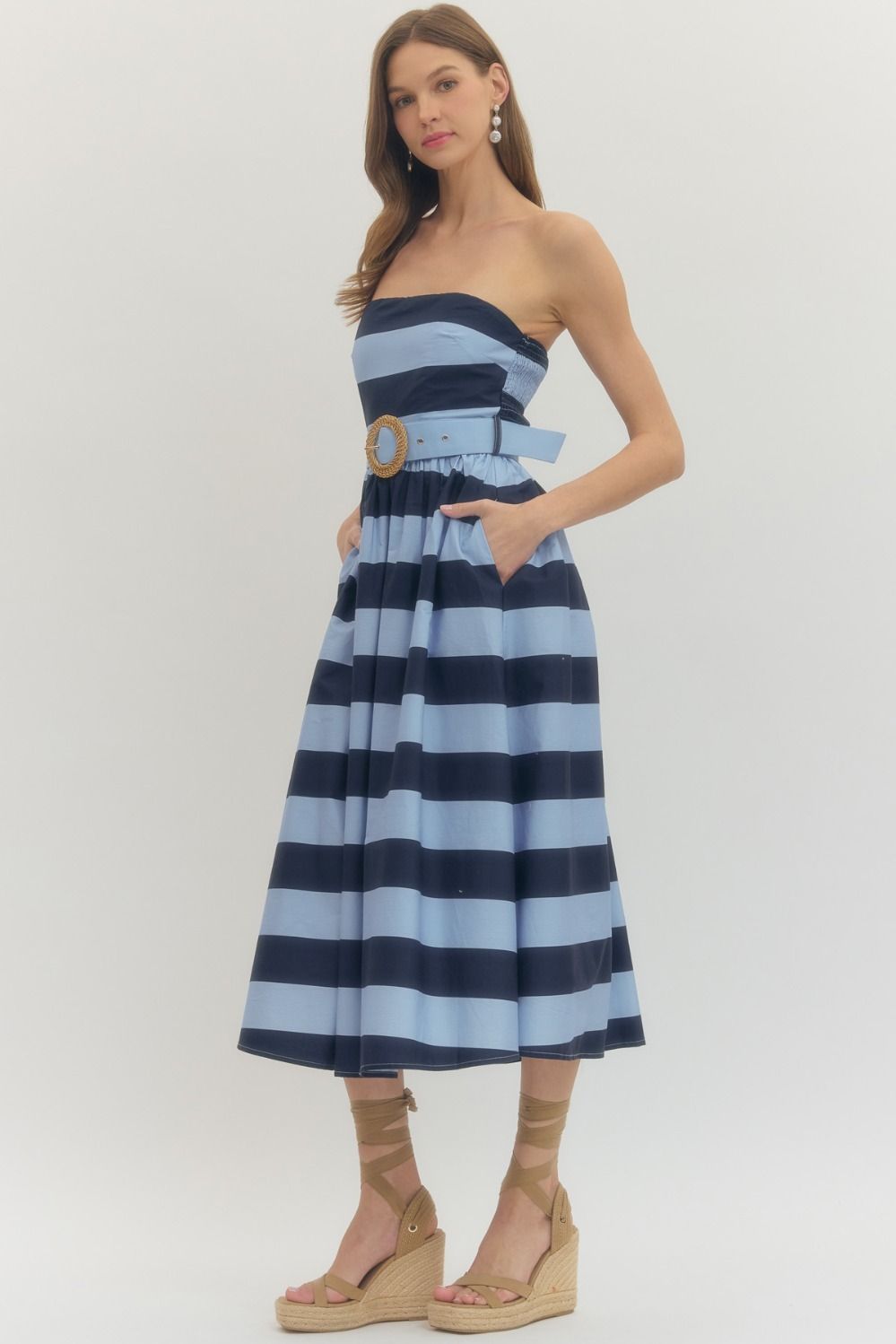 Navy Stripe Strapless Dress w/ Belt