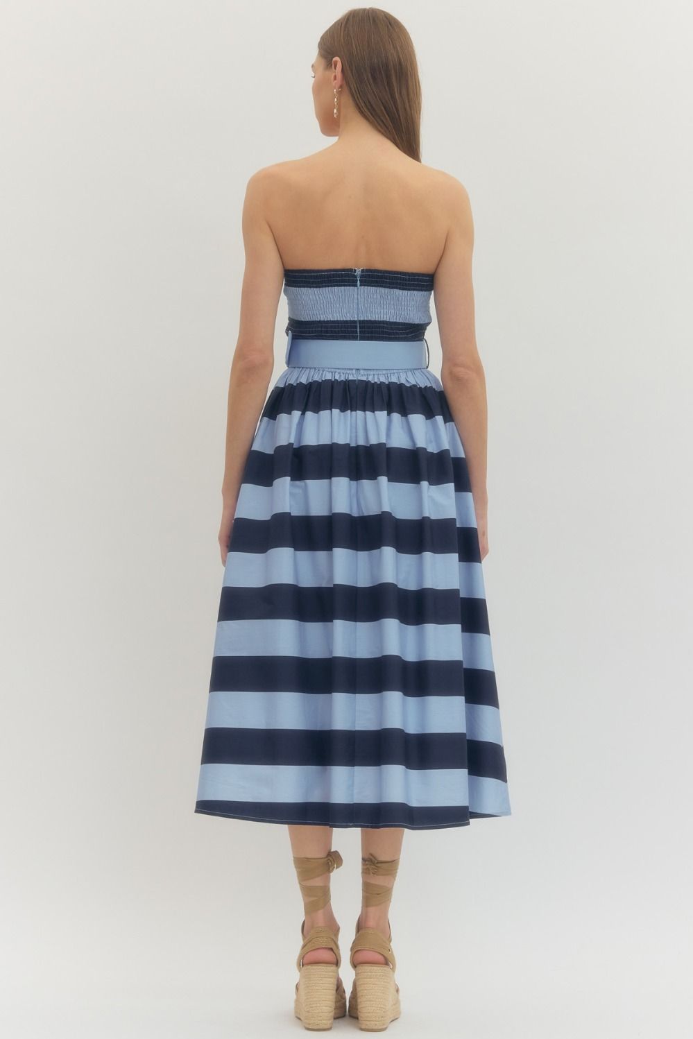 Navy Stripe Strapless Dress w/ Belt