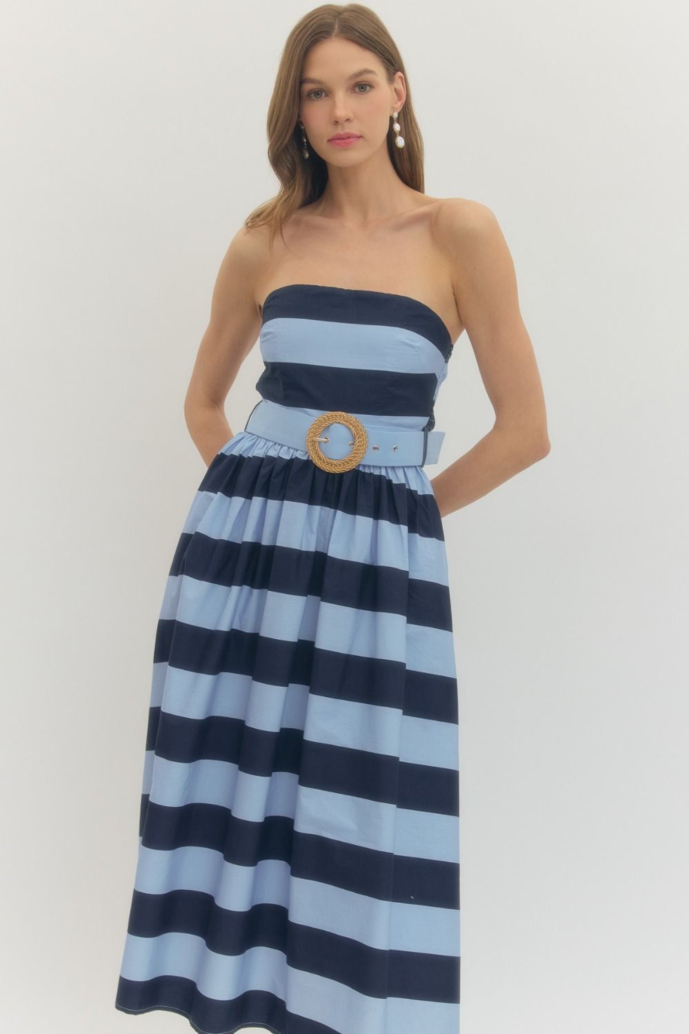 Navy Stripe Strapless Dress w/ Belt