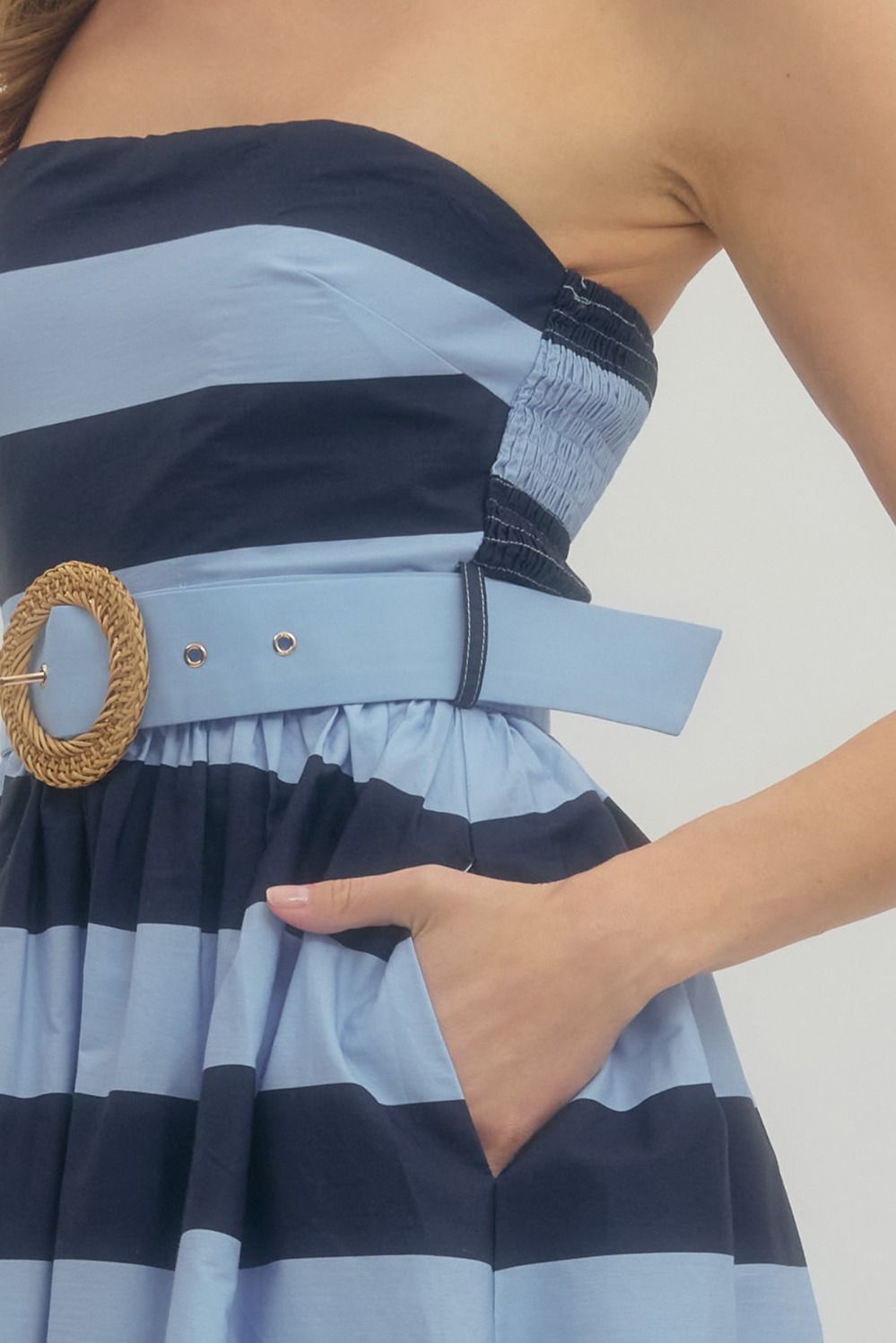 Navy Stripe Strapless Dress w/ Belt