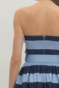 Navy Stripe Strapless Dress w/ Belt