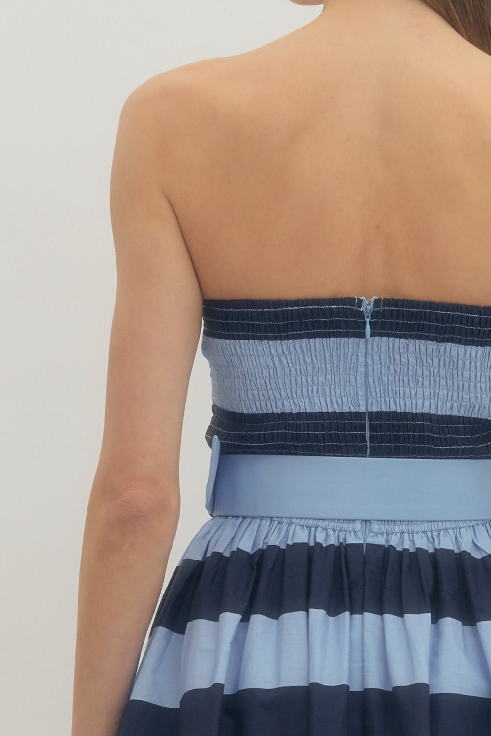 Navy Stripe Strapless Dress w/ Belt