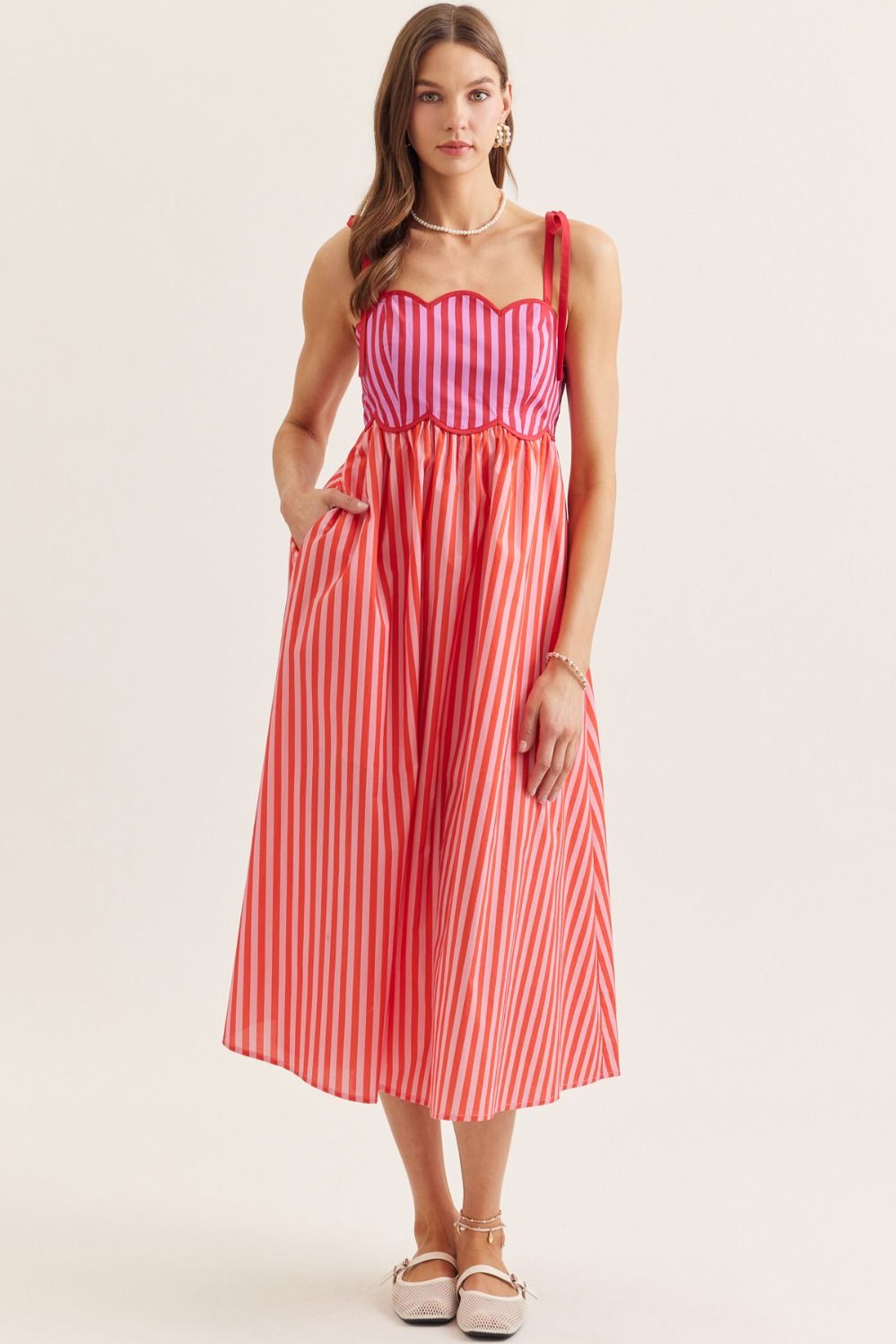 Red Pink Striped Scallop Midi Dress