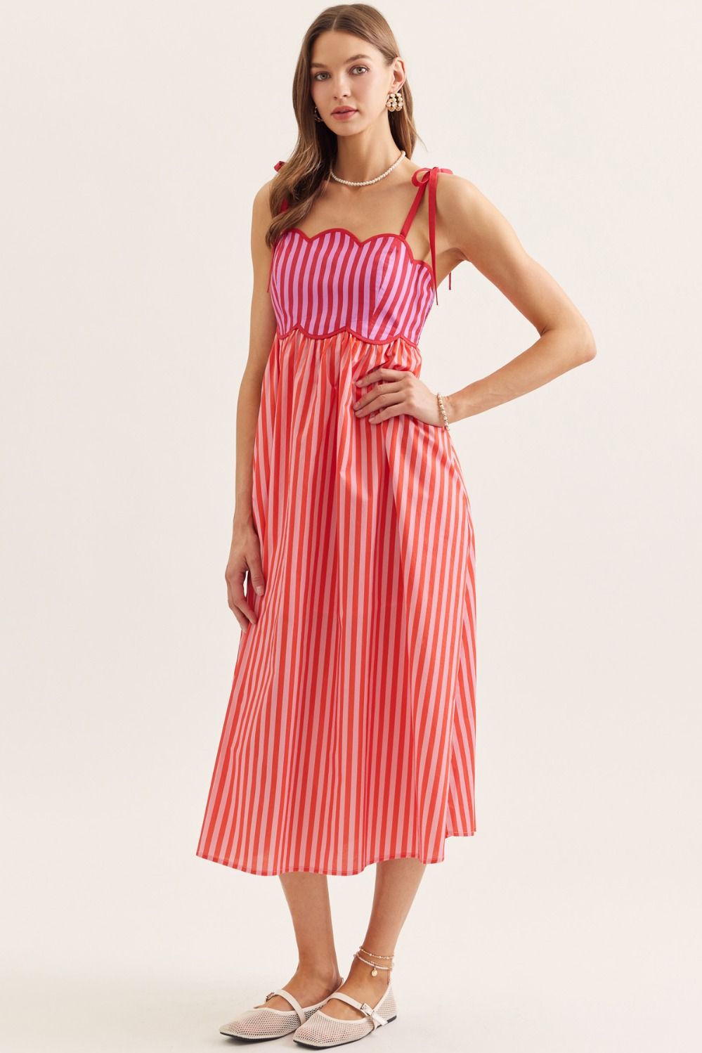 Red Pink Striped Scallop Midi Dress